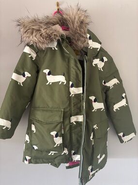 Boden Olive Green Puffer Jacket with Yellow Logo Label